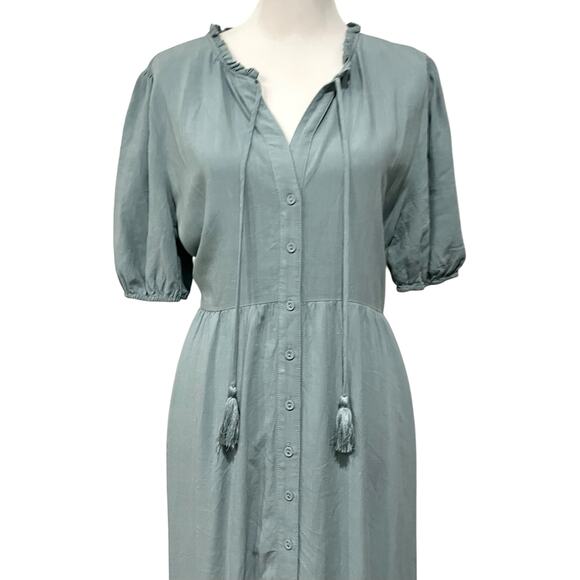 Lovestitch Dress Button Front Midi Blue Boho Linen Blend Puff Sleeves Sz Large - Picture 4 of 12